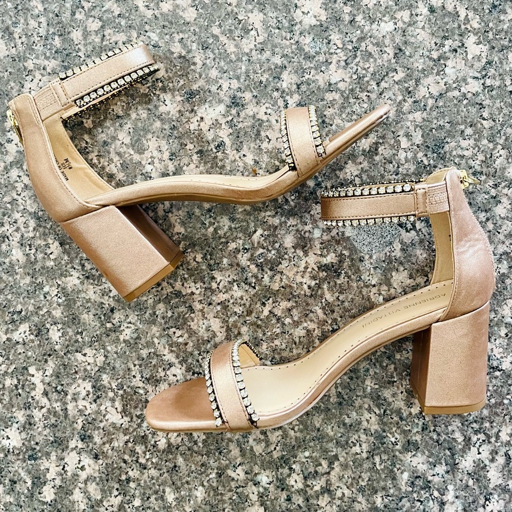Adrienne Vittadini Asti Champagne Sandal with Rhinestone Accents, Size 8.5 M